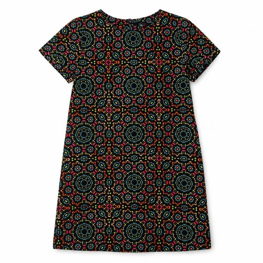 Front view of New Look girls’ multicoloured geometric polyester a-line, size 10-11, years boat neck button