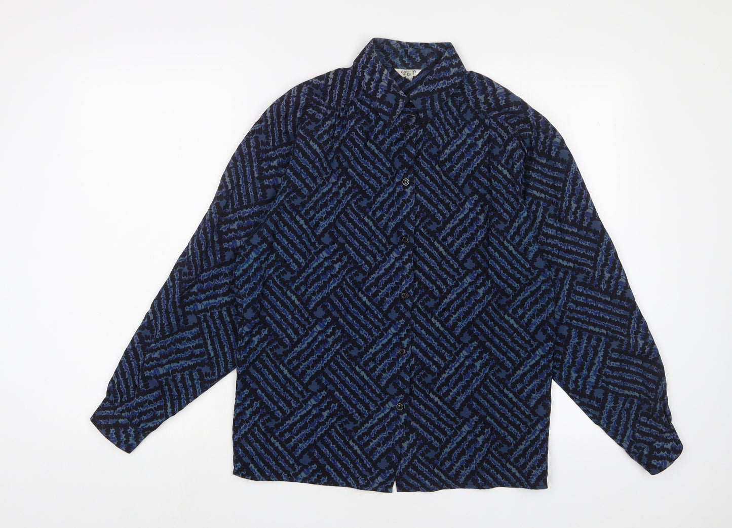 Gor-Ray Womens Blue Geometric Polyester Basic Button-Up Size 12 Collared