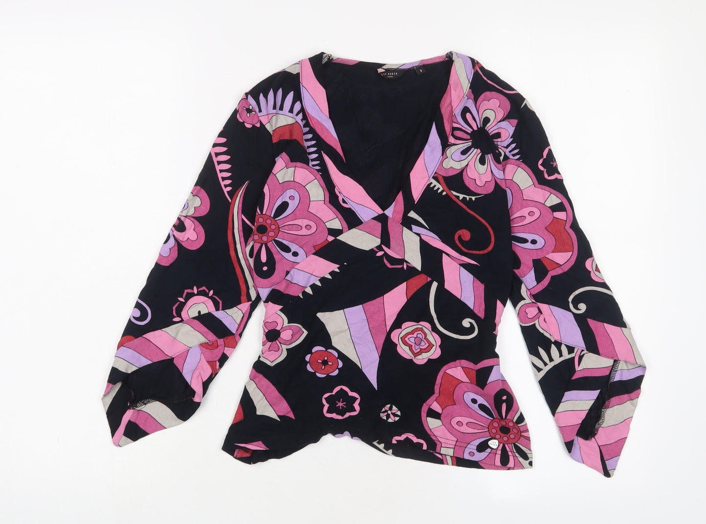 Ted Baker Womens Pink Geometric Viscose Basic T-Shirt Size M V-Neck