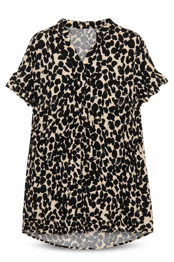 Front view of H&M women’s black geometric viscose a-line, size L, v-neck pullover