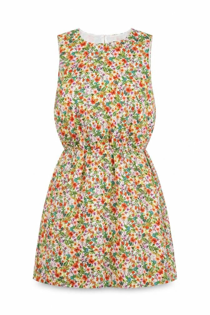 Front view of H&M women’s multicoloured floral polyester a-line, size UK 10, crew neck button