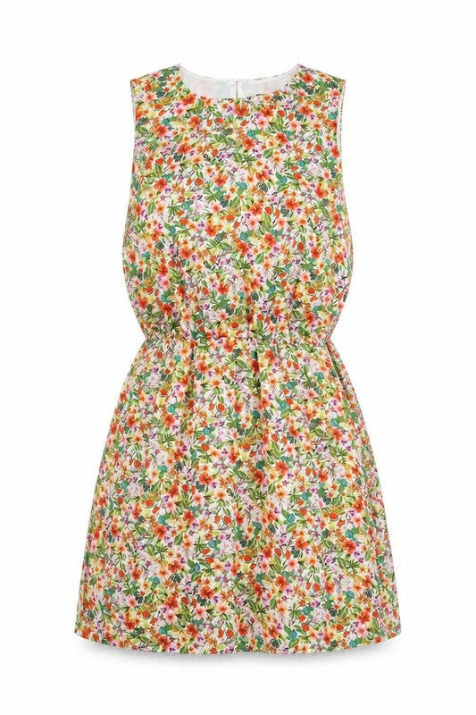 Front view of H&M women’s multicoloured floral polyester a-line, size UK 10, crew neck button
