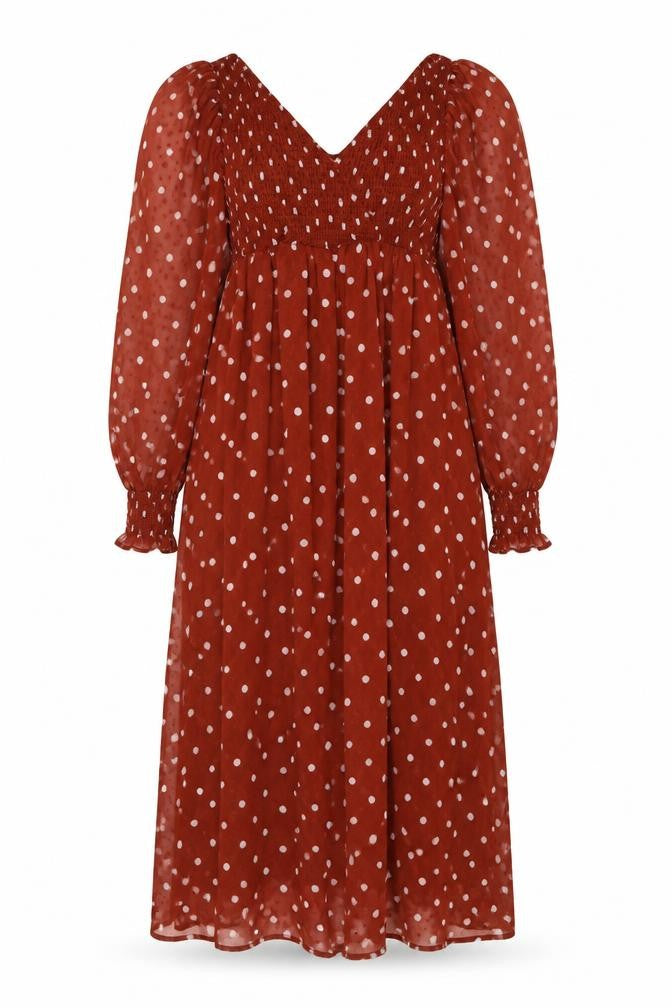 Front view of ASOS women’s brown polka dot polyester a-line, size UK 6, v-neck pullover