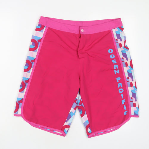 OCEAN PA Womens Pink Geometric Polyester Sweat Shorts Size 12 L11 in Regular Snap