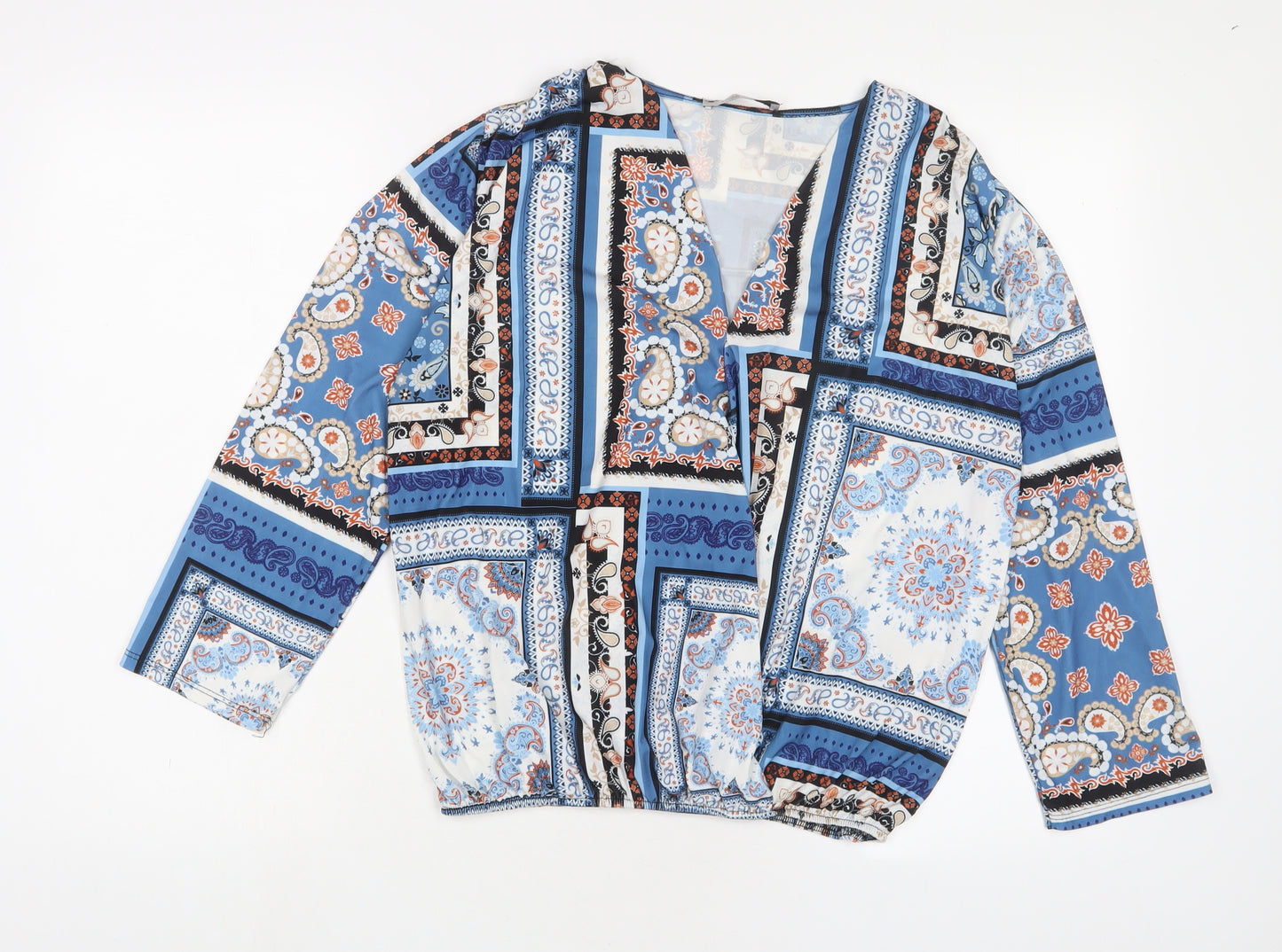 Rosa Rosae Womens Blue Geometric Polyester Basic T-Shirt Size M V-Neck