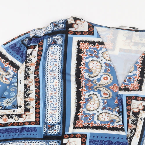 Rosa Rosae Womens Blue Geometric Polyester Basic T-Shirt Size M V-Neck