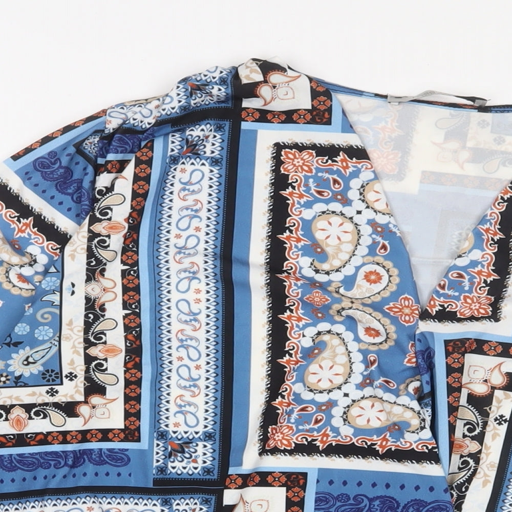 Rosa Rosae Womens Blue Geometric Polyester Basic T-Shirt Size M V-Neck