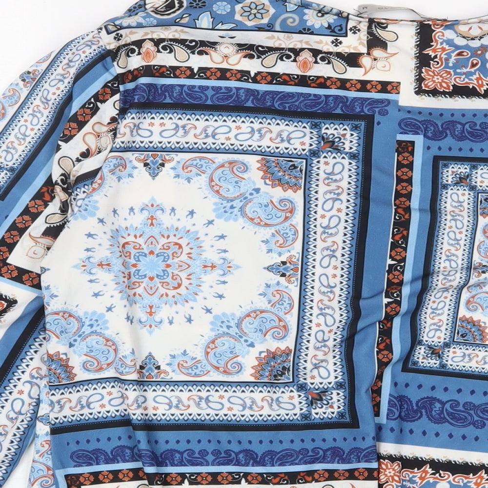 Rosa Rosae Womens Blue Geometric Polyester Basic T-Shirt Size M V-Neck