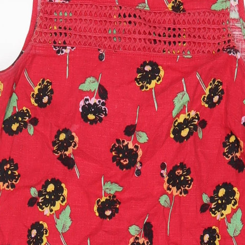 NEXT Womens Red Floral Linen Sheath Size 14 Boat Neck Button - Embroidered