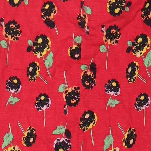 NEXT Womens Red Floral Linen Sheath Size 14 Boat Neck Button - Embroidered