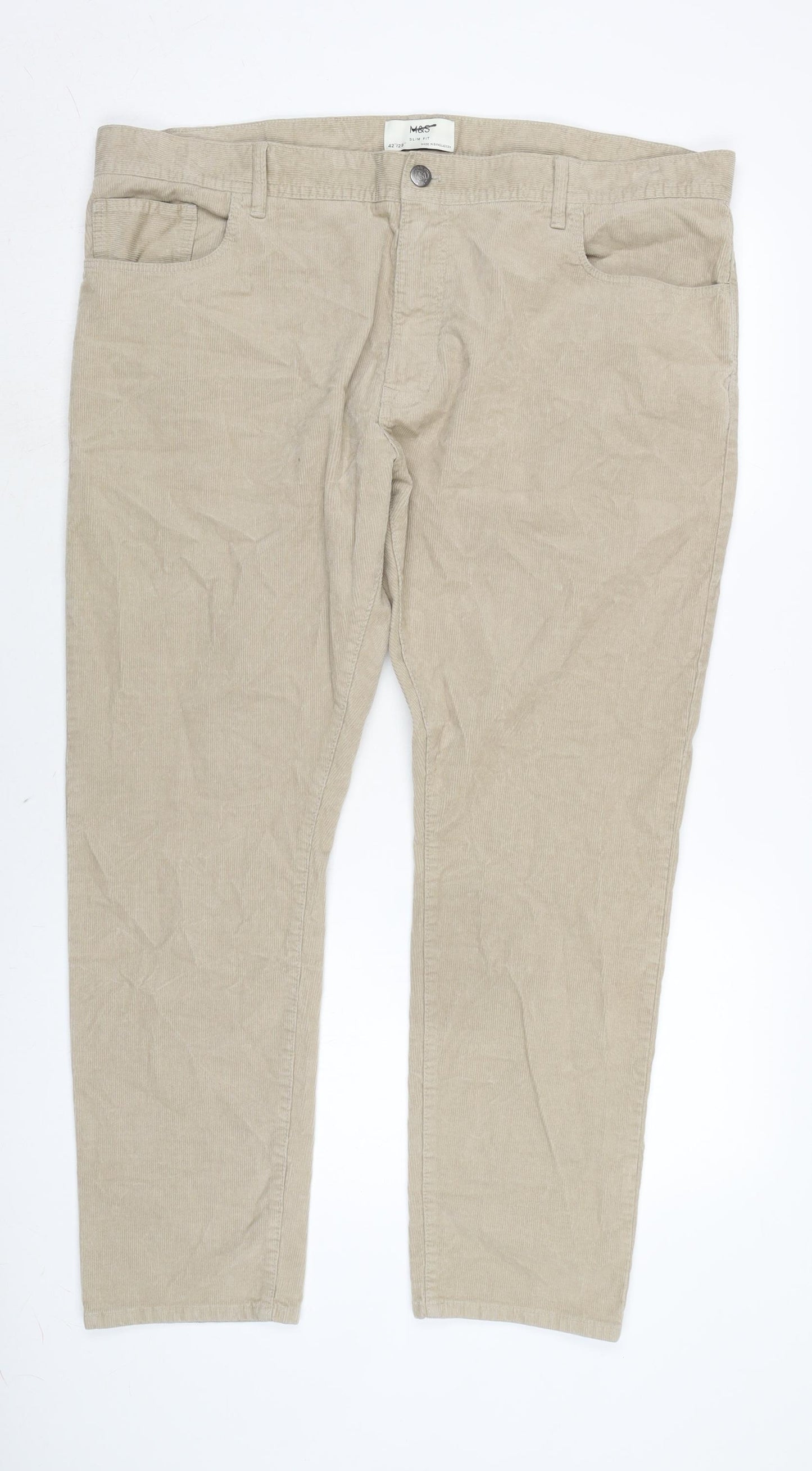 Marks and Spencer Mens Beige Cotton Trousers Size 42 in L29 in Regular Zip