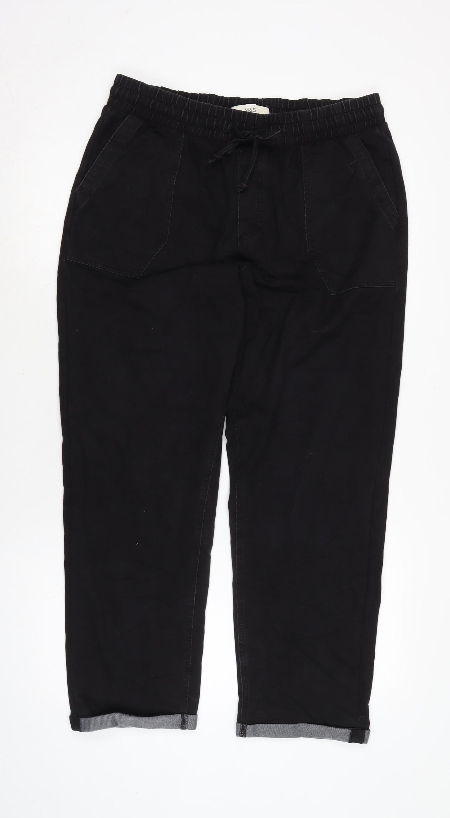 Marks and Spencer Womens Black Cotton Blend Wide-Leg Jeans Size 14 L26 in Regular Tie