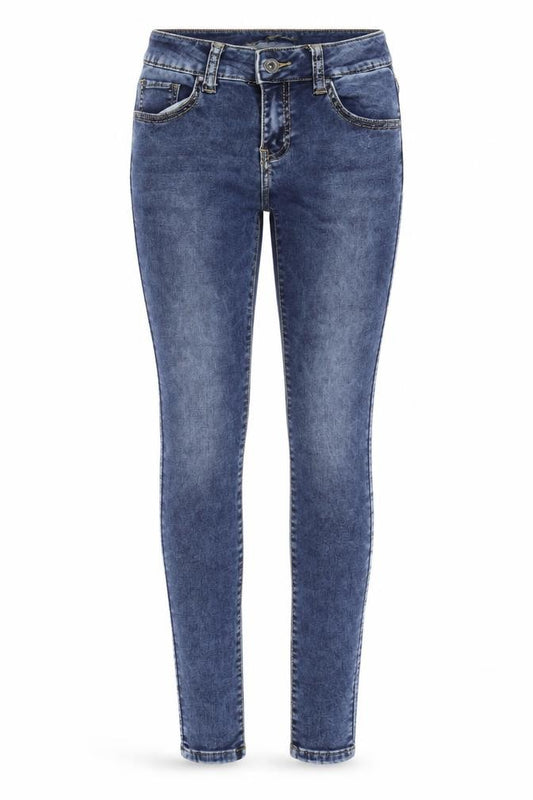 Front view of Toxik3 women’s blue cotton blend skinny jeans, size UK 8, 27.5-inch leg regular zip