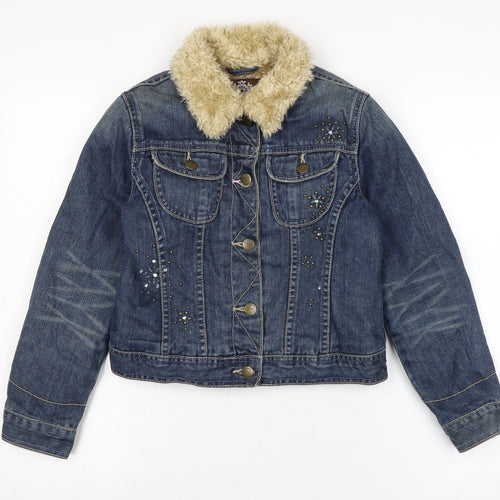 Authentic Gap Girls Blue Biker Jacket Size L Button - Jewelled detail to front.