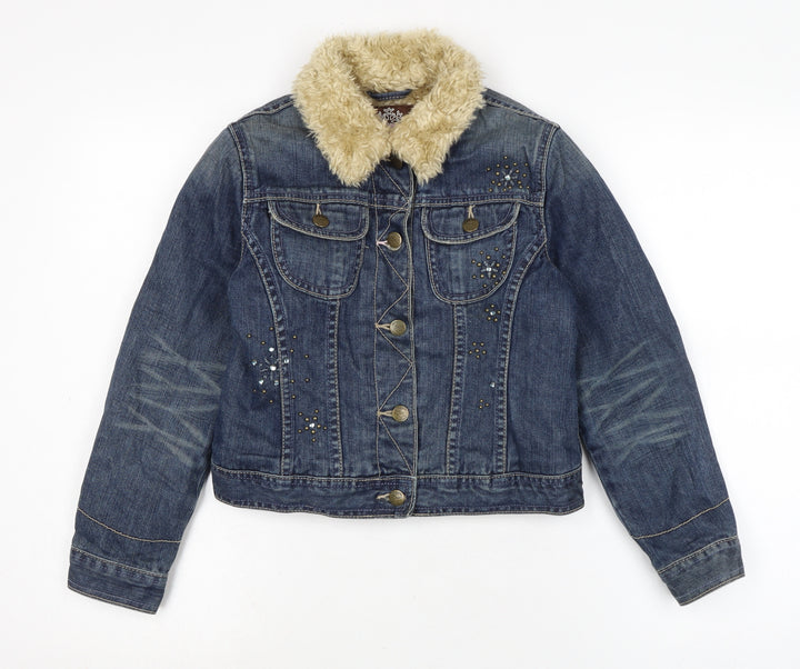 Authentic Gap Girls Blue Biker Jacket Size L Button - Jewelled detail to front.