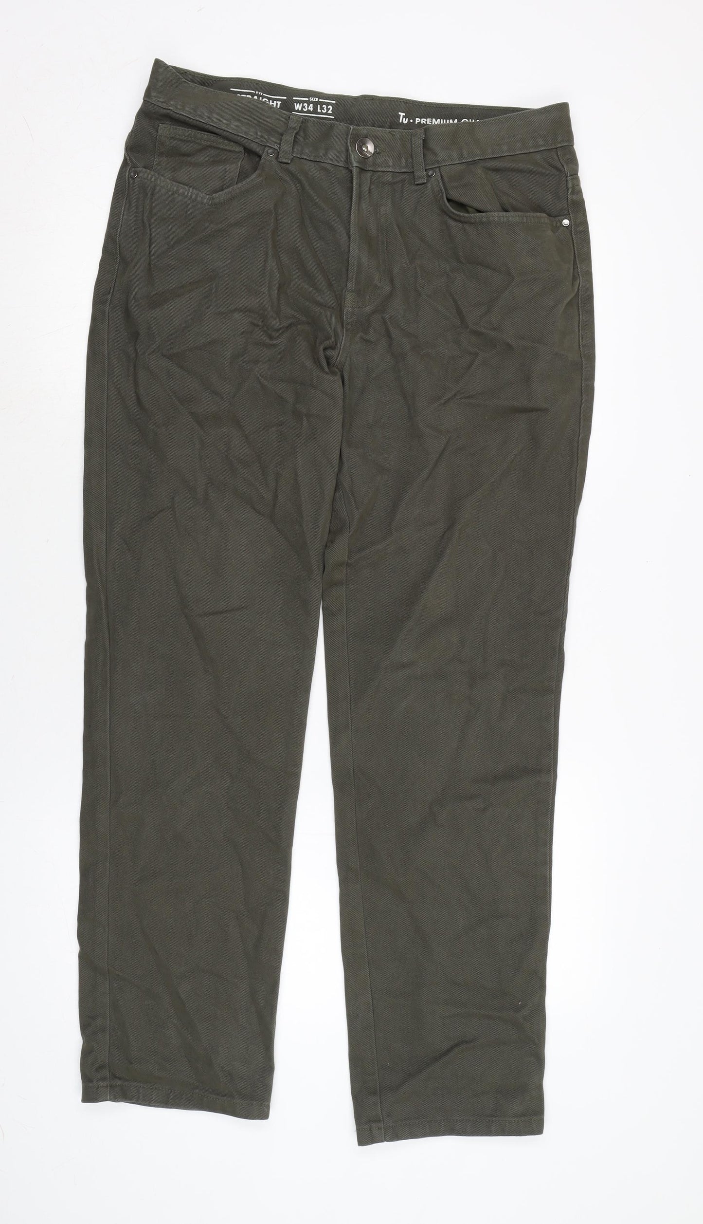 TU Mens Green Cotton Straight Jeans Size 33 in L32 in Regular Zip