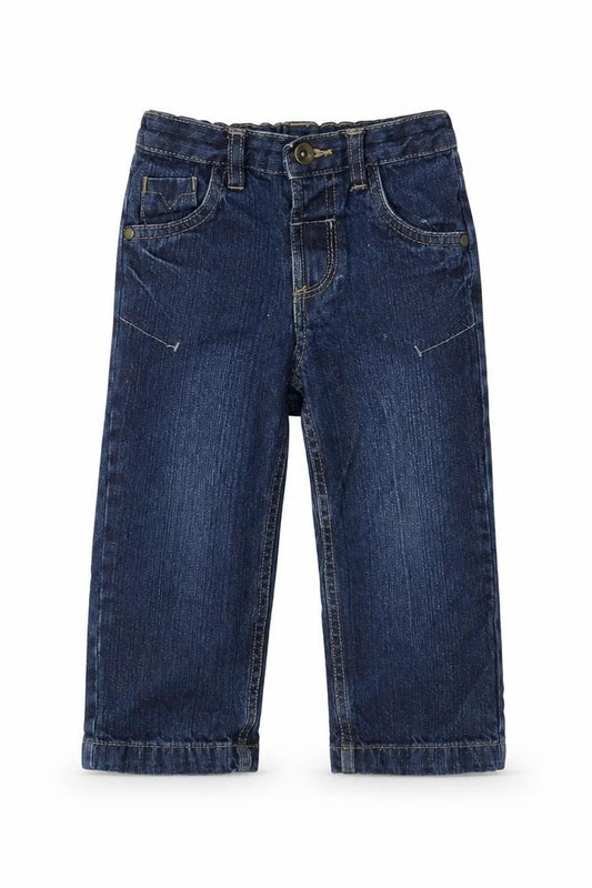 Front view of Tu girls’ blue cotton capri jeans, size 18-24, months button - waist 18in-inside leg 13in.