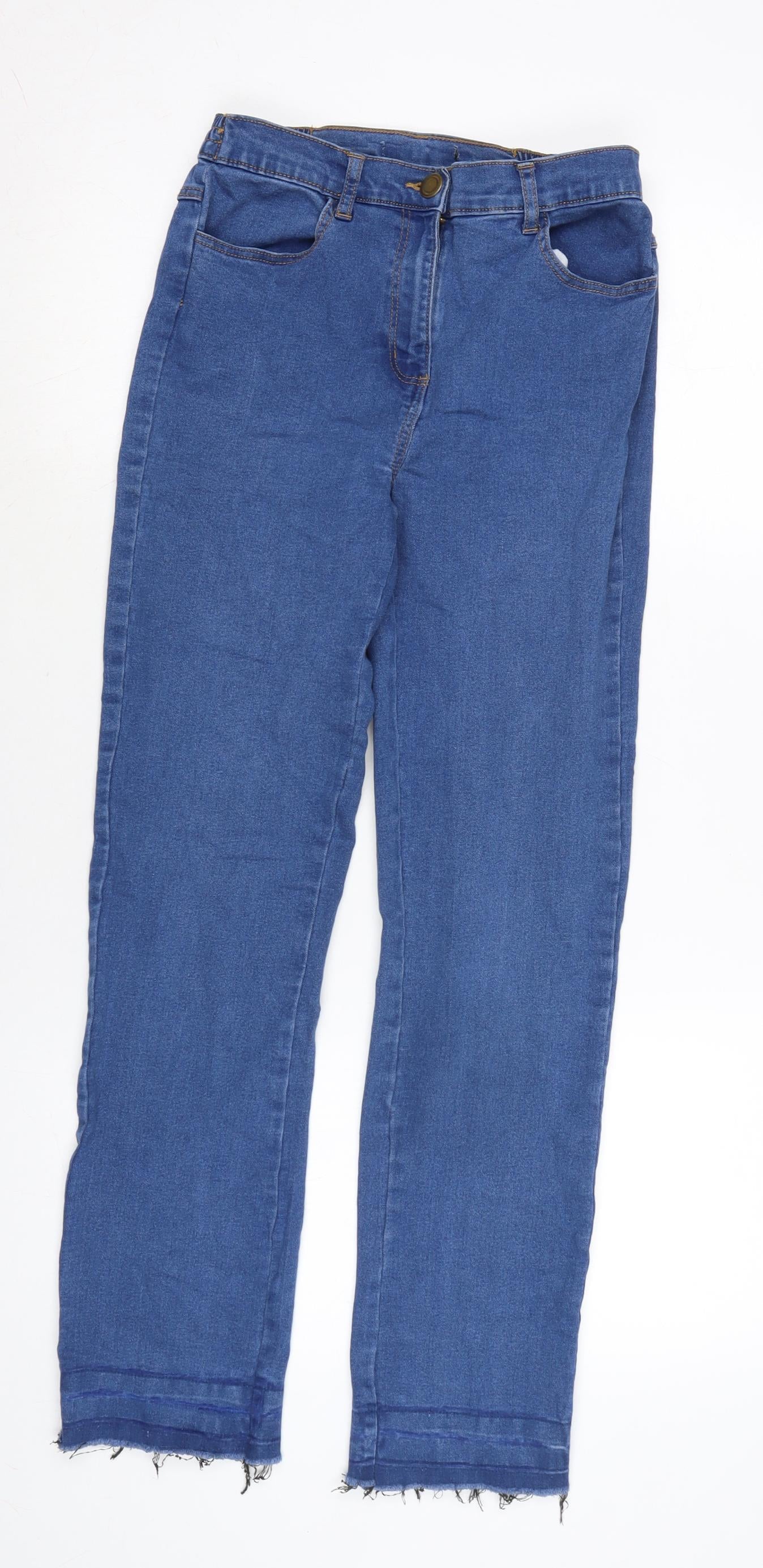 Bonmarché Womens Blue Cotton Blend Straight Jeans Size 10 L28.5 in Regular Zip - Raw Hem