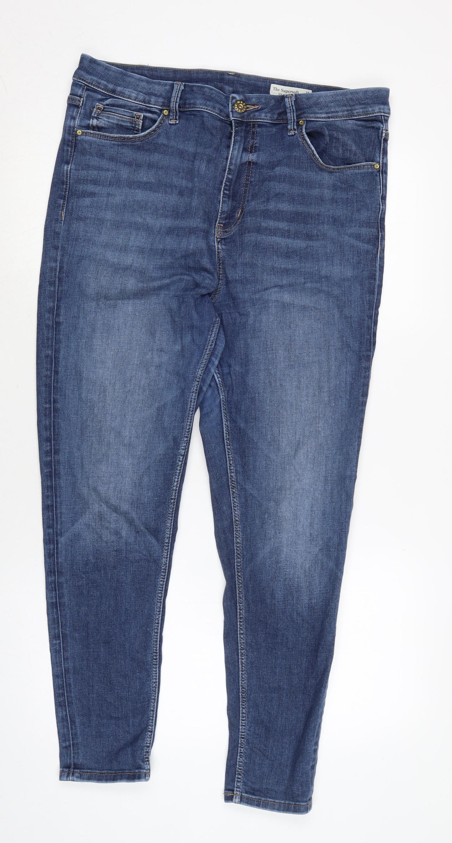 Marks and Spencer Womens Blue Cotton Blend Tapered Jeans Size 16 L27 in Regular Zip