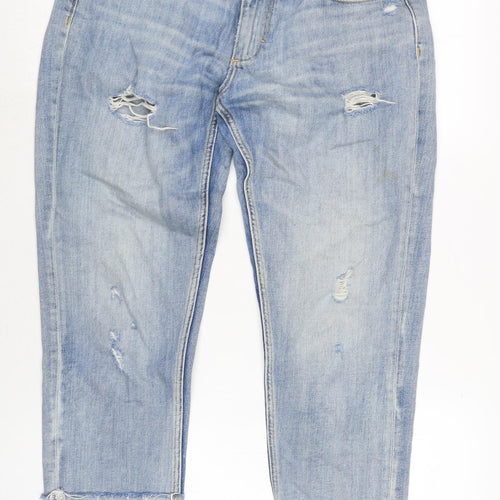 Zara Womens Blue Cotton Blend Straight Jeans Size 10 L26 in Regular Zip - Faux pearl beading to bottom legs.