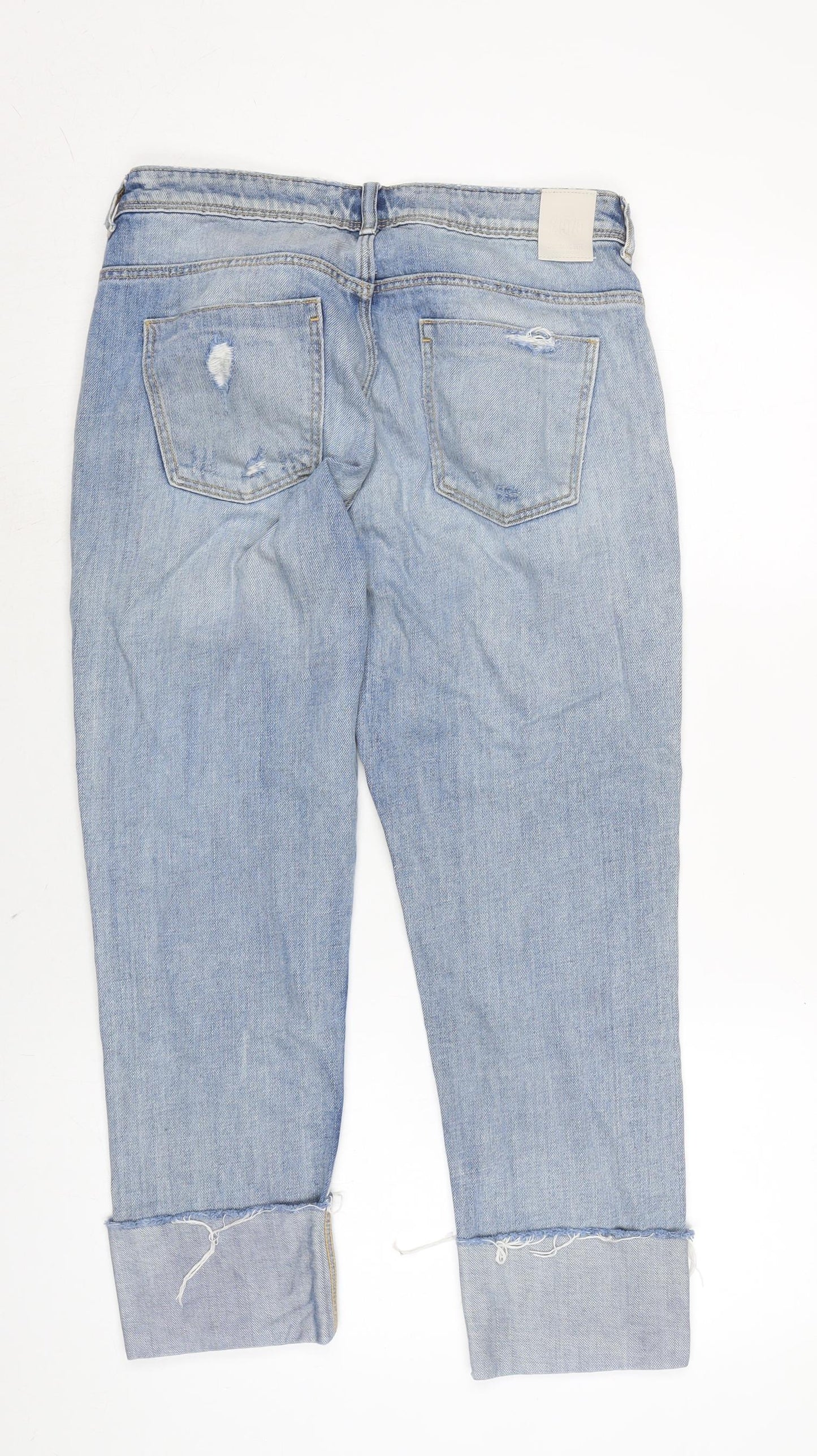 Zara Womens Blue Cotton Blend Straight Jeans Size 10 L26 in Regular Zip - Faux pearl beading to bottom legs.