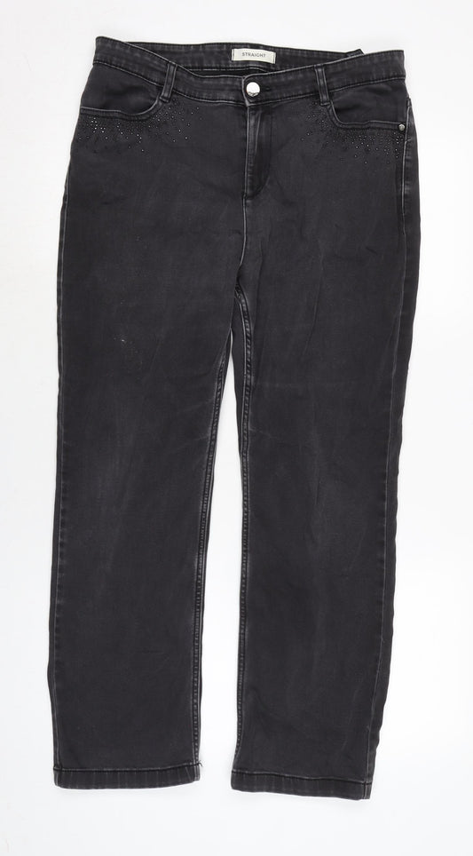 Marks and Spencer Womens Grey Cotton Blend Straight Jeans Size 14 L26.5 in Regular Zip - FAUX GEMSTONES TO POCKETS.