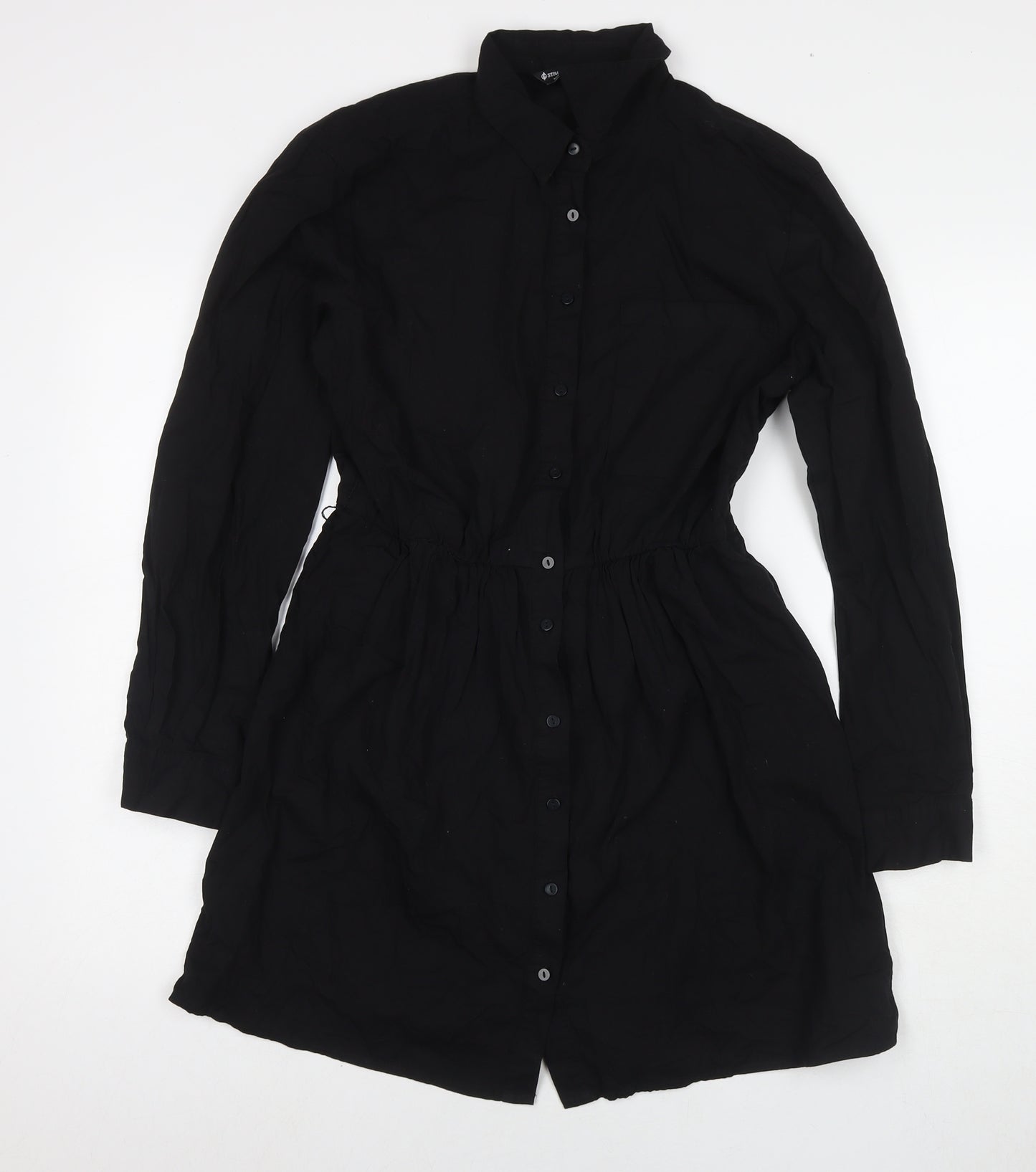 Stradivarius Womens Black Cotton Shirt Dress Size L Collared Button