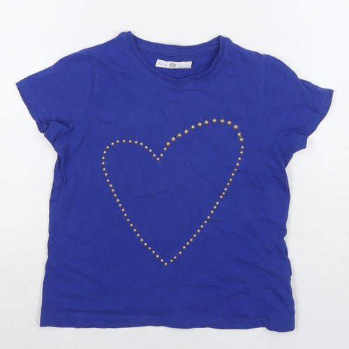 Marks and Spencer Girls Blue Cotton Basic T-Shirt Size 8-9 Years Round Neck Pullover - Studs Detail Heart