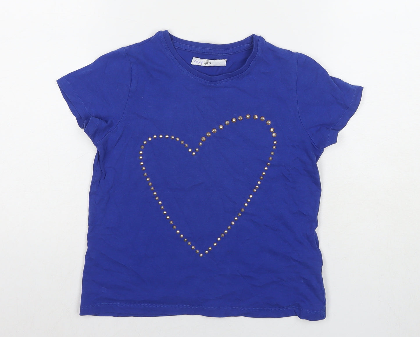 Marks and Spencer Girls Blue Cotton Basic T-Shirt Size 8-9 Years Round Neck Pullover - Studs Detail Heart