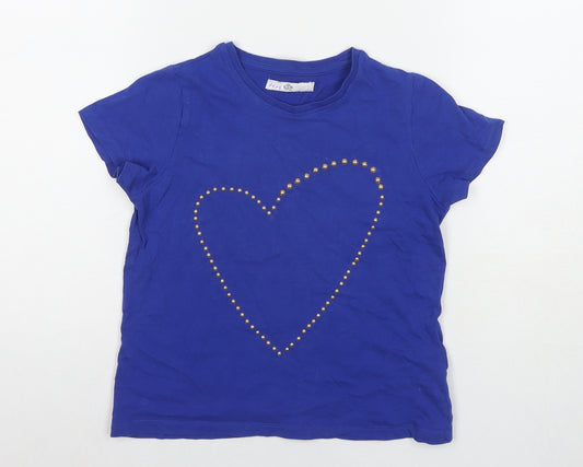 Marks and Spencer Girls Blue Cotton Basic T-Shirt Size 8-9 Years Round Neck Pullover - Studs Detail Heart