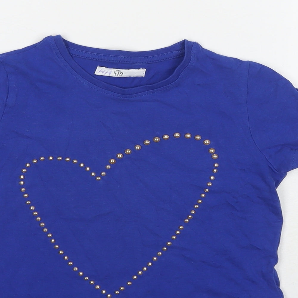 Marks and Spencer Girls Blue Cotton Basic T-Shirt Size 8-9 Years Round Neck Pullover - Studs Detail Heart