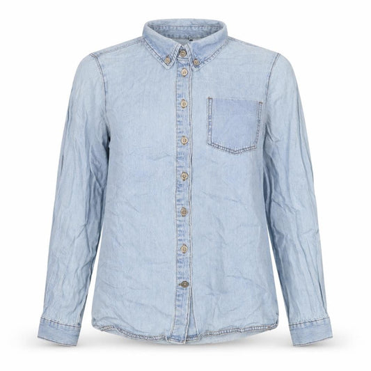 Front view of ASOS women’s blue cotton basic button-up, size UK 6, collared