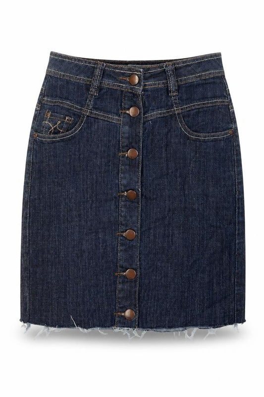 Front view of Next women’s blue cotton a-line skirt, size UK 6, zip