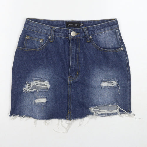 I SAW IT FIRST Womens Blue Cotton A-Line Skirt Size 8 Zip - Distressed