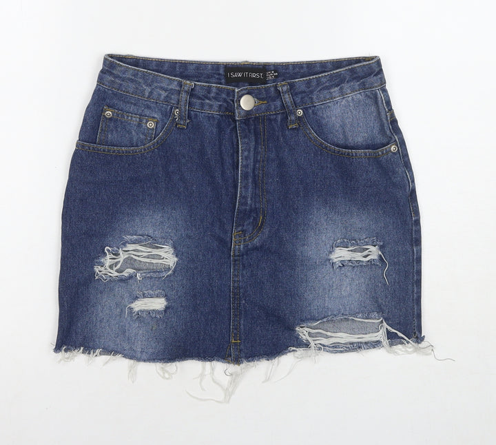 I SAW IT FIRST Womens Blue Cotton A-Line Skirt Size 8 Zip - Distressed