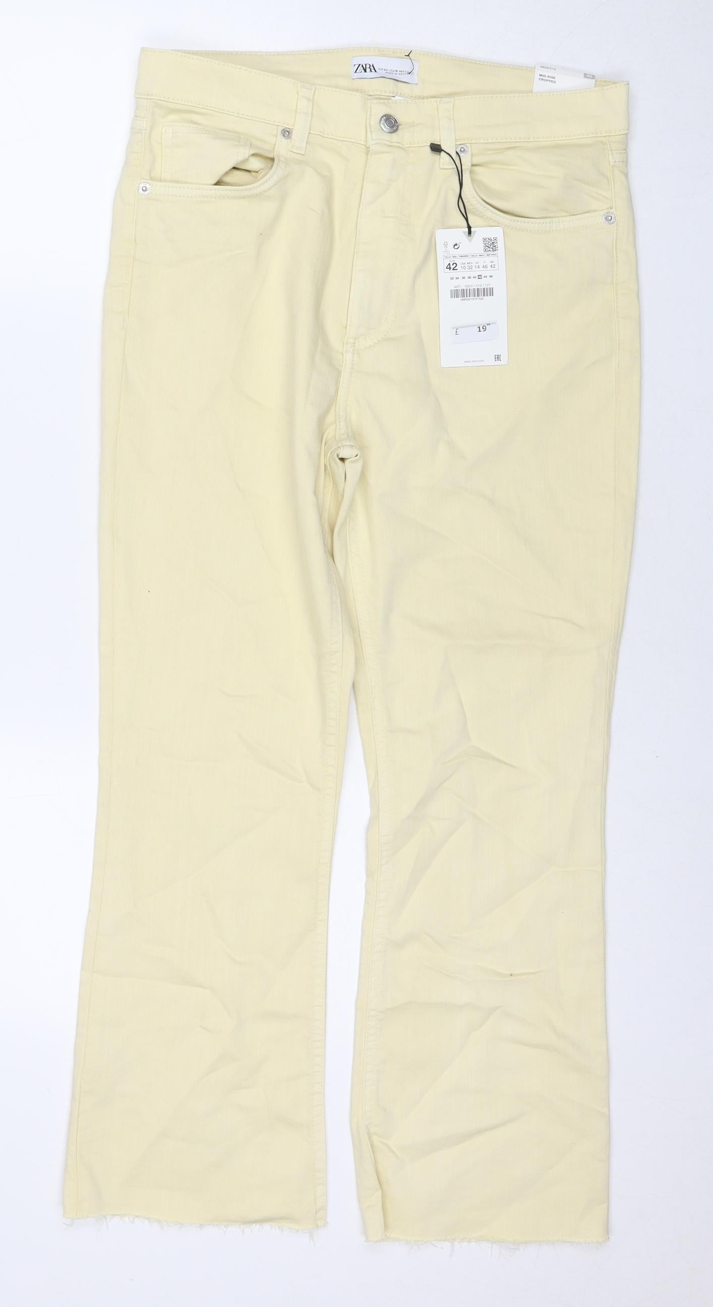 Zara Womens Yellow Cotton Cropped Jeans Size 14 L26 in Regular Zip