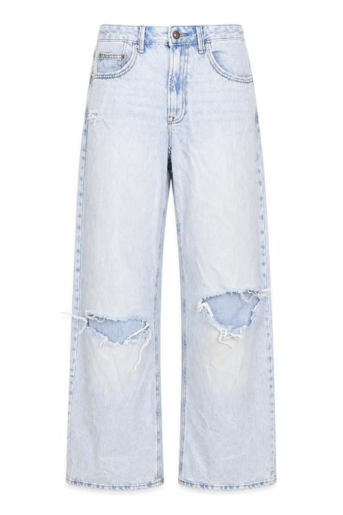 Front view of Stradivarius women’s blue cotton wide-leg jeans, size UK 10, 32-inch leg regular zip