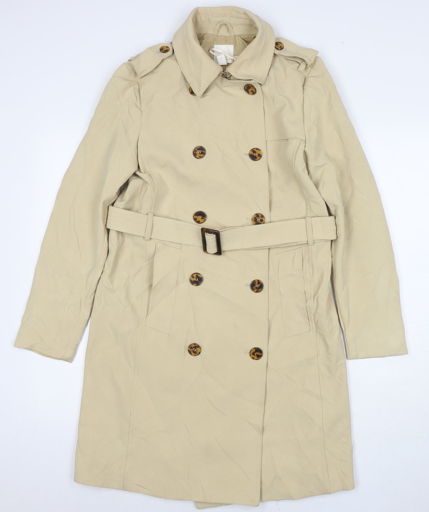 H&M Womens Beige Trench Coat Jacket Size 6 Button