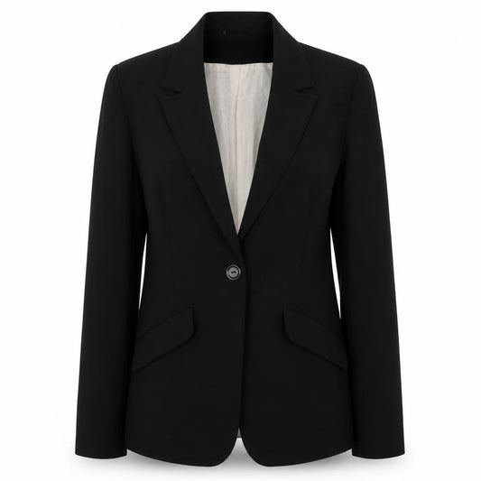 Front view of BAY women’s black jacket blazer, size UK 10, button