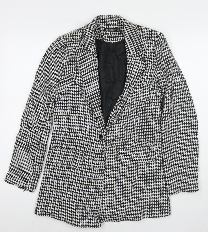 Boohoo Womens Black Herringbone Jacket Blazer Size 8 Button