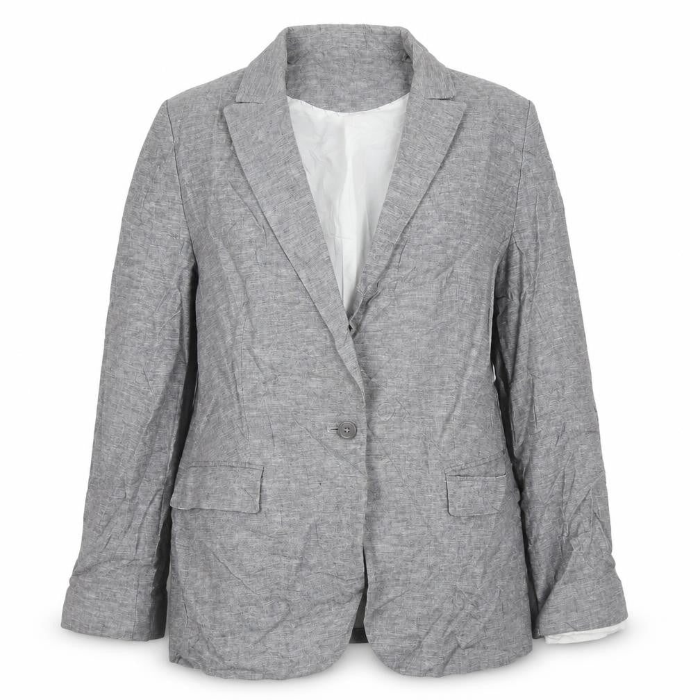Front view of Marks & Spencer women’s grey jacket blazer, size UK 12, buckle