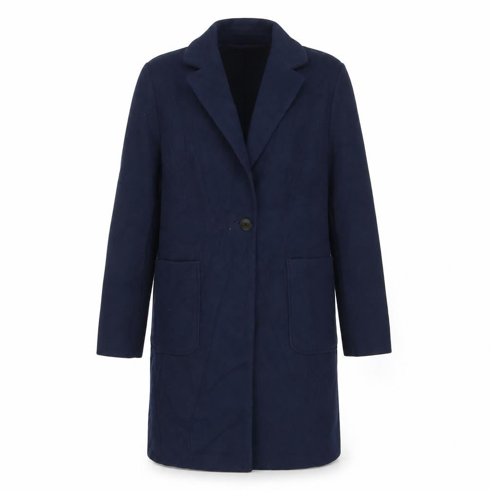 Front view of Marks & Spencer women’s blue overcoat coat, size UK 14, button