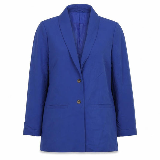 Front view of Pieces women’s blue jacket blazer, size L, button