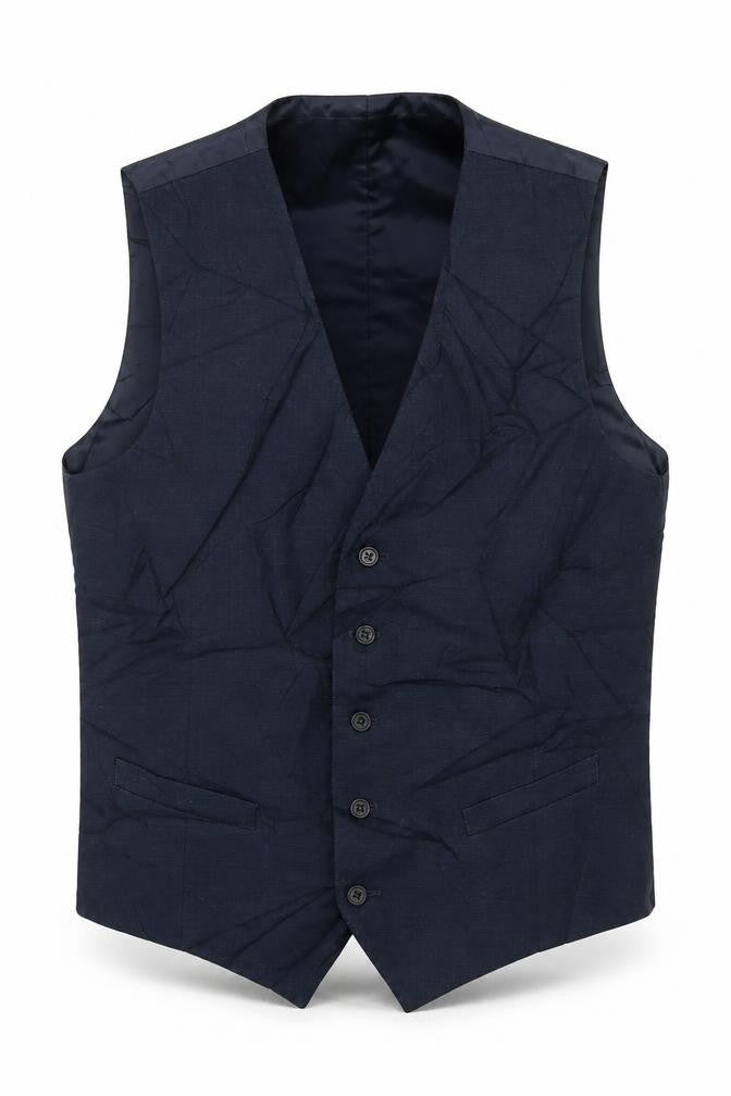 Front view of Marks & Spencer men’s blue polyester jacket suit waistcoat, size 44, regular