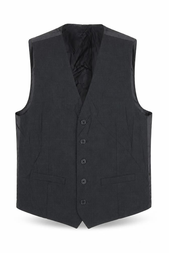 Front view of Marks & Spencer men’s grey wool jacket suit waistcoat, size S, regular