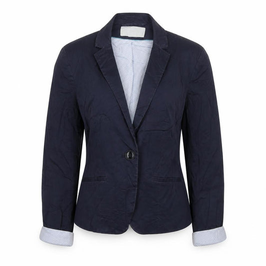 Front view of H&M women’s blue jacket blazer, size UK 8, button