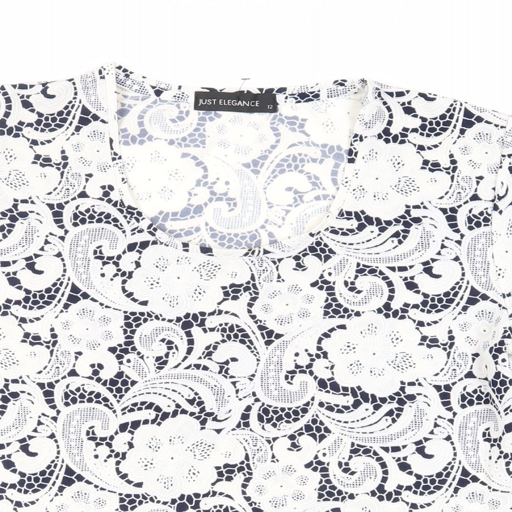 Just Elegance Womens Blue Paisley Polyester Basic T-Shirt Size 12 Crew Neck