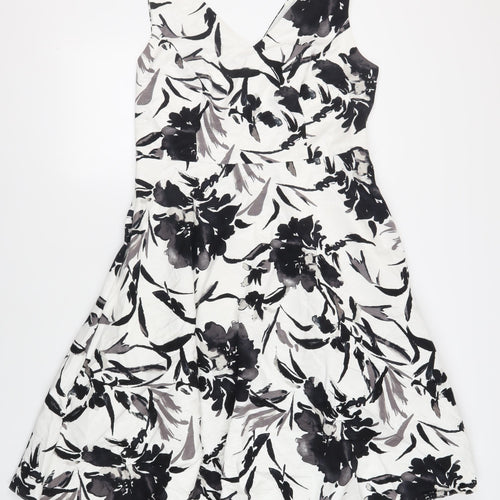 CC Womens White Floral Cotton Fit & Flare Size 14 V-Neck Zip