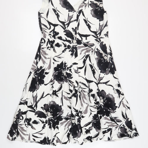 CC Womens White Floral Cotton Fit & Flare Size 14 V-Neck Zip
