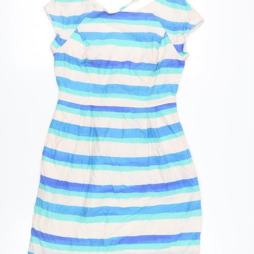 Oliver Bonas Womens Blue Striped Cotton A-Line Size 8 Boat Neck Zip